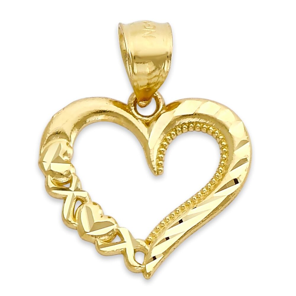 Solid 10k Gold Heart with Diamond-Cut Details Pendant - Jewelry Gifts for Women